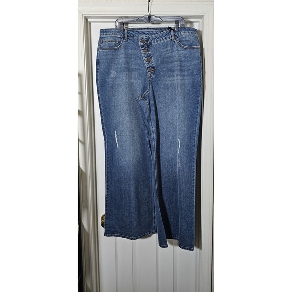 Fashion To Figure Assymetrical Button Wide Leg Jeans Women's Size 18 Distressed - Picture 1 of 4